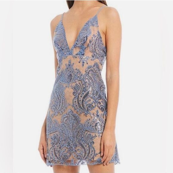 Free People Dresses & Skirts - Free People Night Shimmers Blue + Tan Sequin Mini Dress Size 6